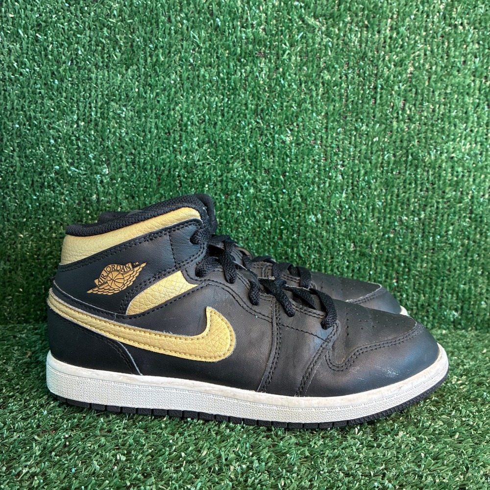 Air Jordan 1 Mid Leather Athletic Sneakers Black Metallic Gold Youth Size 2.5Y